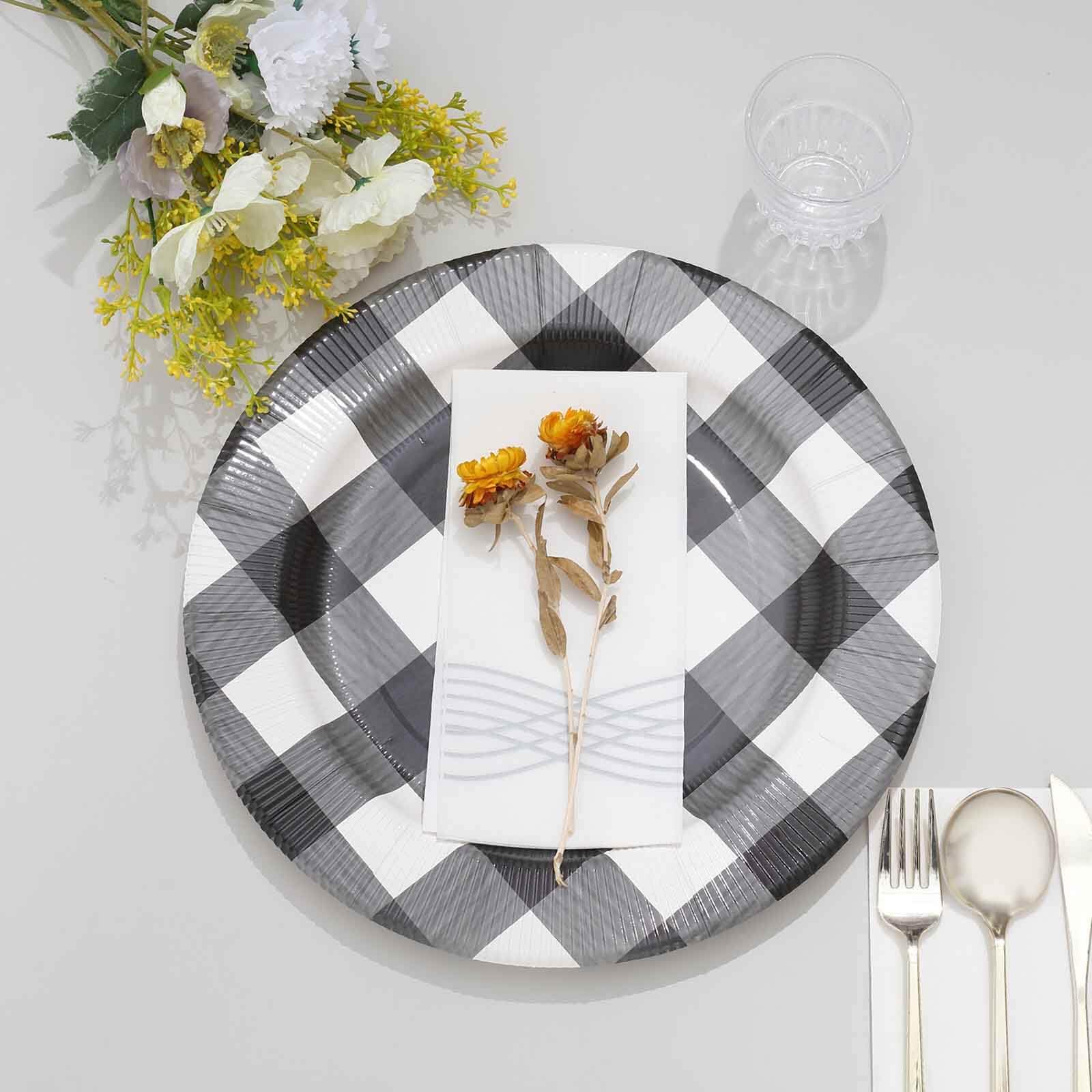 Tableclothsfactory 10 Pack | 13" Black/White Buffalo Plaid Disposable Serving Trays, Round Checkered Sunray Cardboard Charger Plates - 350 GSM - Image 8