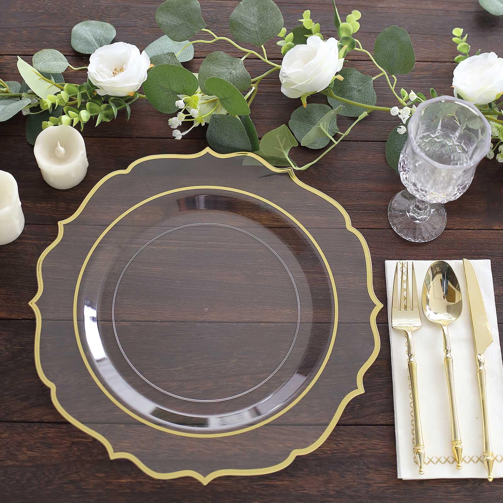 Tableclothsfactory 10 Pack Clear Plastic Dinner Serving Plates with Gold Scalloped Rim, 13" Round Decorative Charger Plates - Image 4