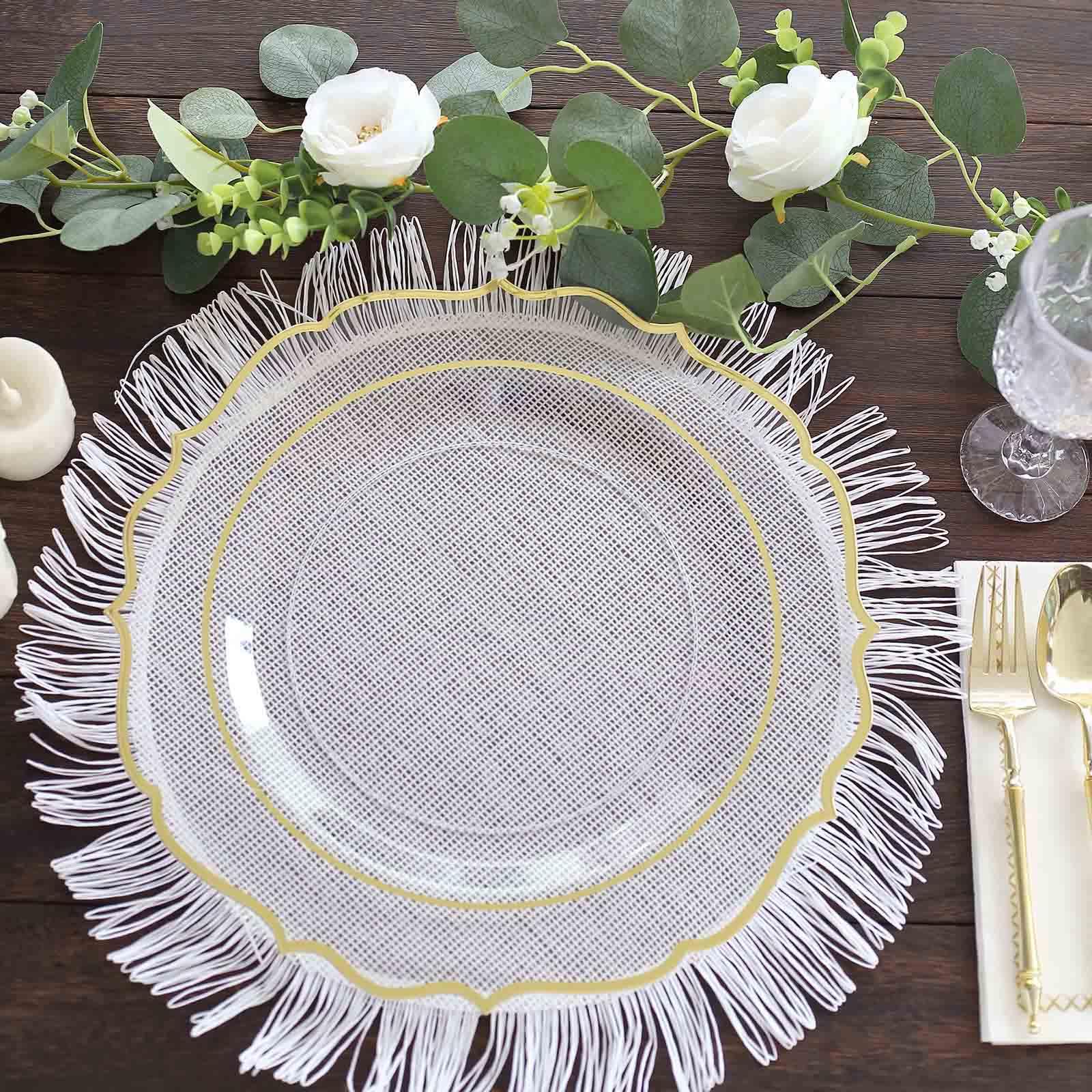 Tableclothsfactory 10 Pack Clear Plastic Dinner Serving Plates with Gold Scalloped Rim, 13" Round Decorative Charger Plates - Image 5