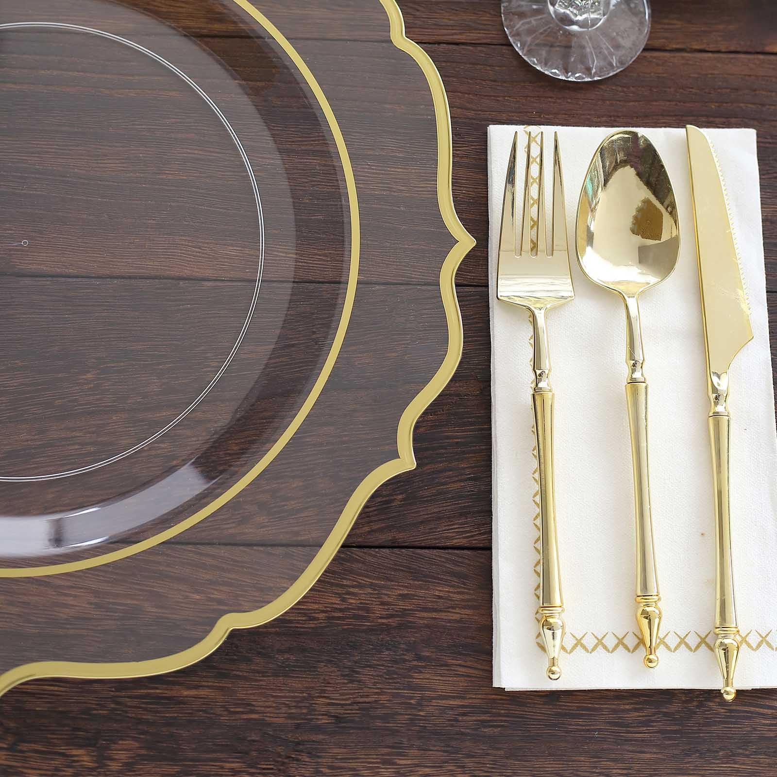 Tableclothsfactory 10 Pack Clear Plastic Dinner Serving Plates with Gold Scalloped Rim, 13" Round Decorative Charger Plates - Image 8