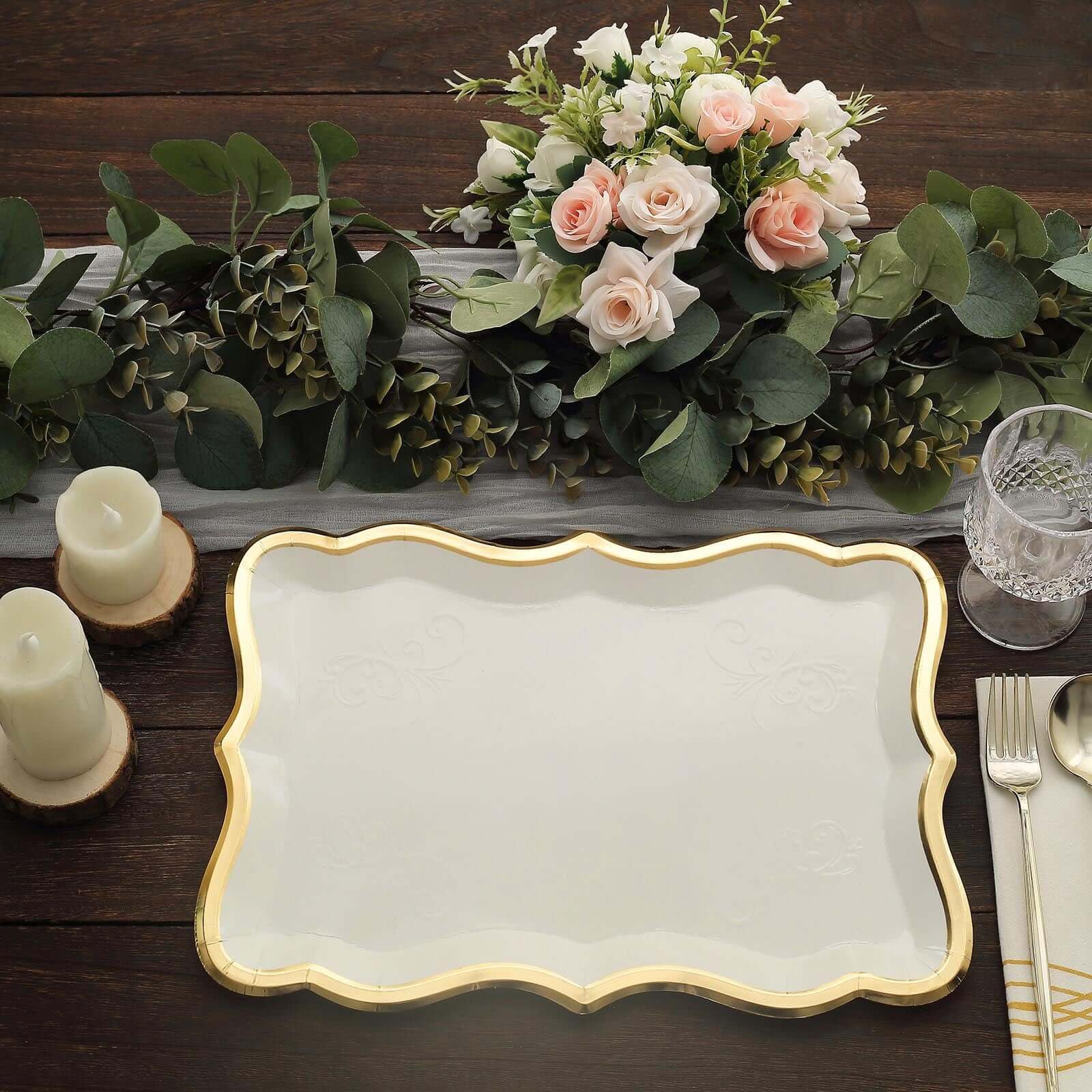 Tableclothsfactory 10 Pack | Elegant White/Gold Rim Disposable Serving Trays, Heavy Duty 400 GSM Paper Rectangular Party Platters - 14"X10" - Image 5