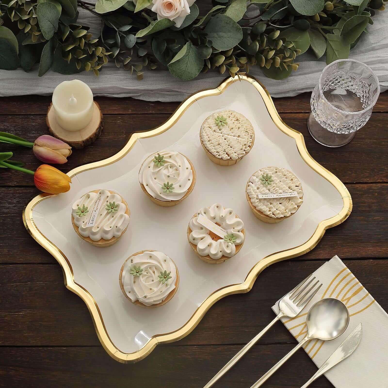 Tableclothsfactory 10 Pack | Elegant White/Gold Rim Disposable Serving Trays, Heavy Duty 400 GSM Paper Rectangular Party Platters - 14"X10" - Image 6
