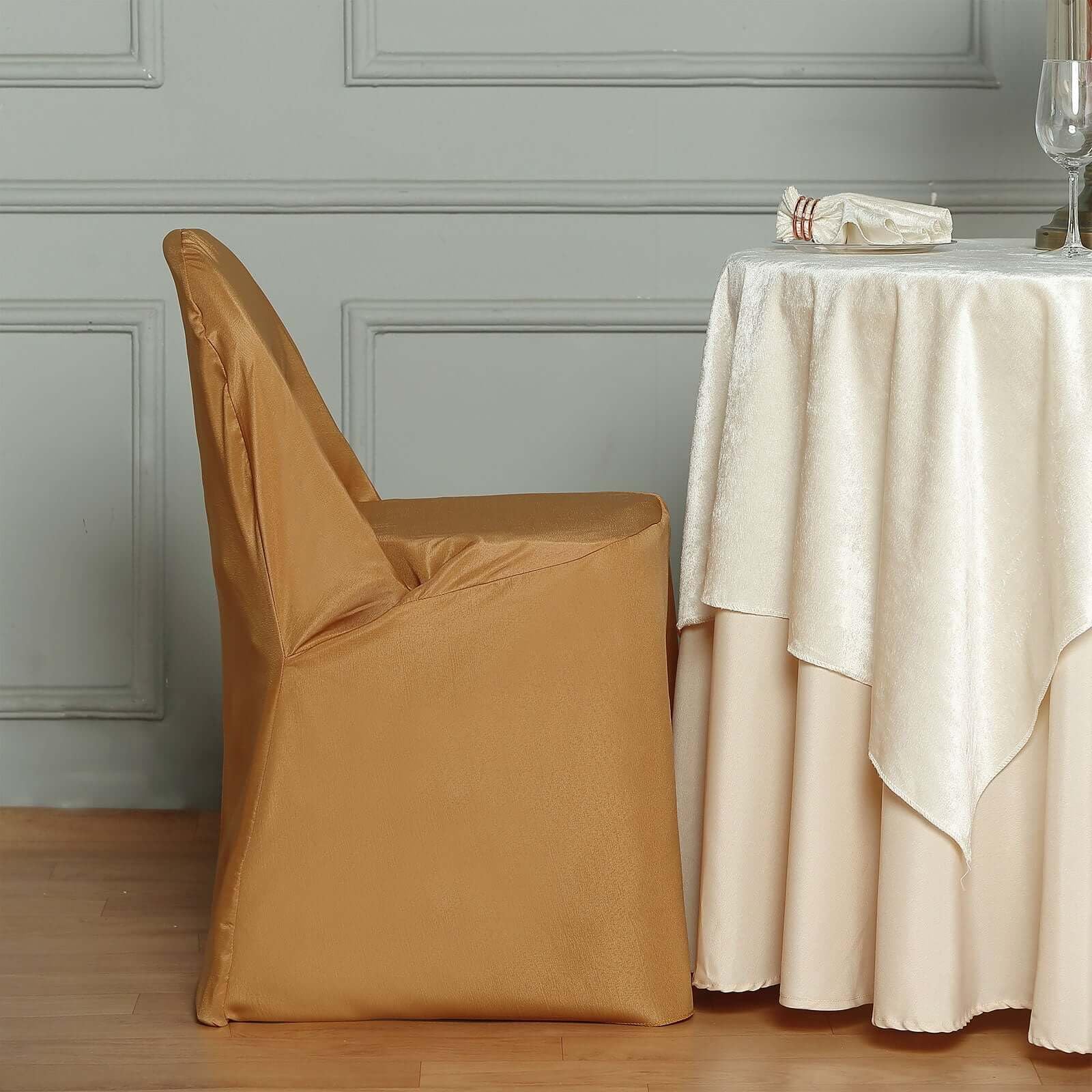 Tableclothsfactory 10PCS Gold Linen Polyester Folding Chair Cover Dinning Chair Slipcover for Wedding Party Event Banquet Catering - Image 6