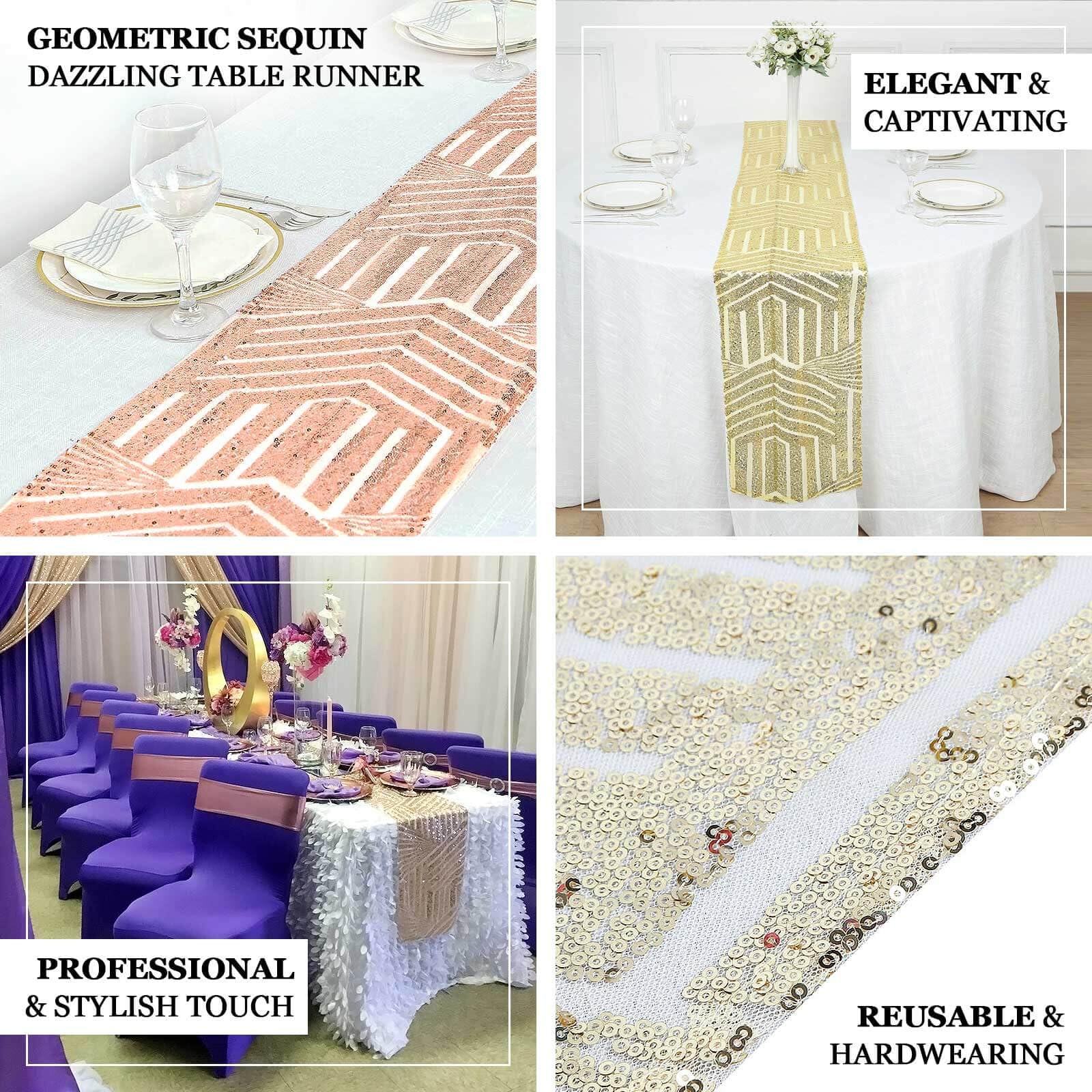 Tableclothsfactory 12"X108" Blush Rose Gold Sparkly Sequin Geometric Tulle Fabric Table Runner - Image 4