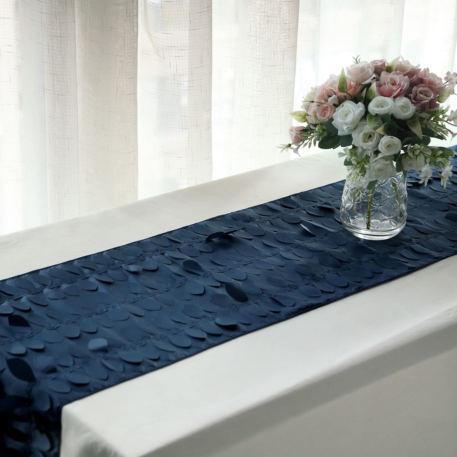 Tableclothsfactory 12"X108" Navy Blue 3D Leaf Petal Taffeta Fabric Table Runner - Image 8
