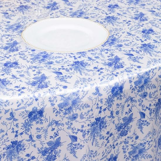 Tableclothsfactory 120" White Blue Chinoiserie Floral Print Seamless Satin Round Tablecloth, Wrinkle Resistant Tablecloth - Image 6