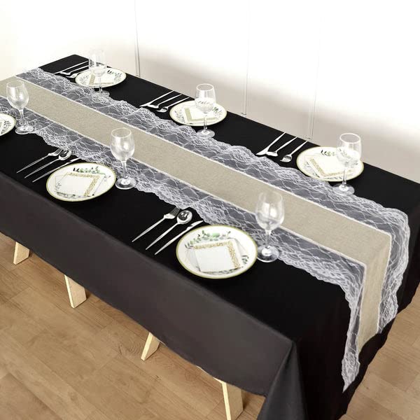 Tableclothsfactory 16"x108" Taupe Faux Burlap Jute Lace Table Runner Boho Chic Rustic Decor - Image 4