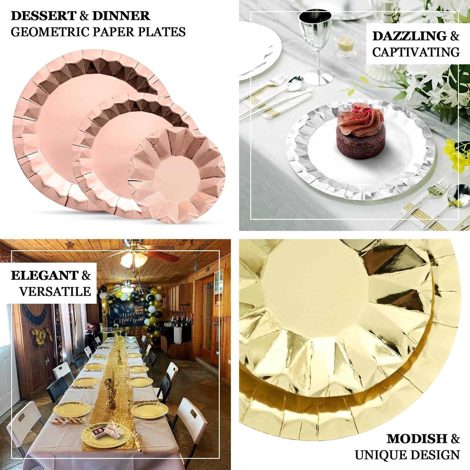 Tableclothsfactory 25 Pack | 12" Geometric Metallic Iridescent Foil Large Dinner Paper Plates, Disposable Serving Party Plates - 400 GSM - Image 4