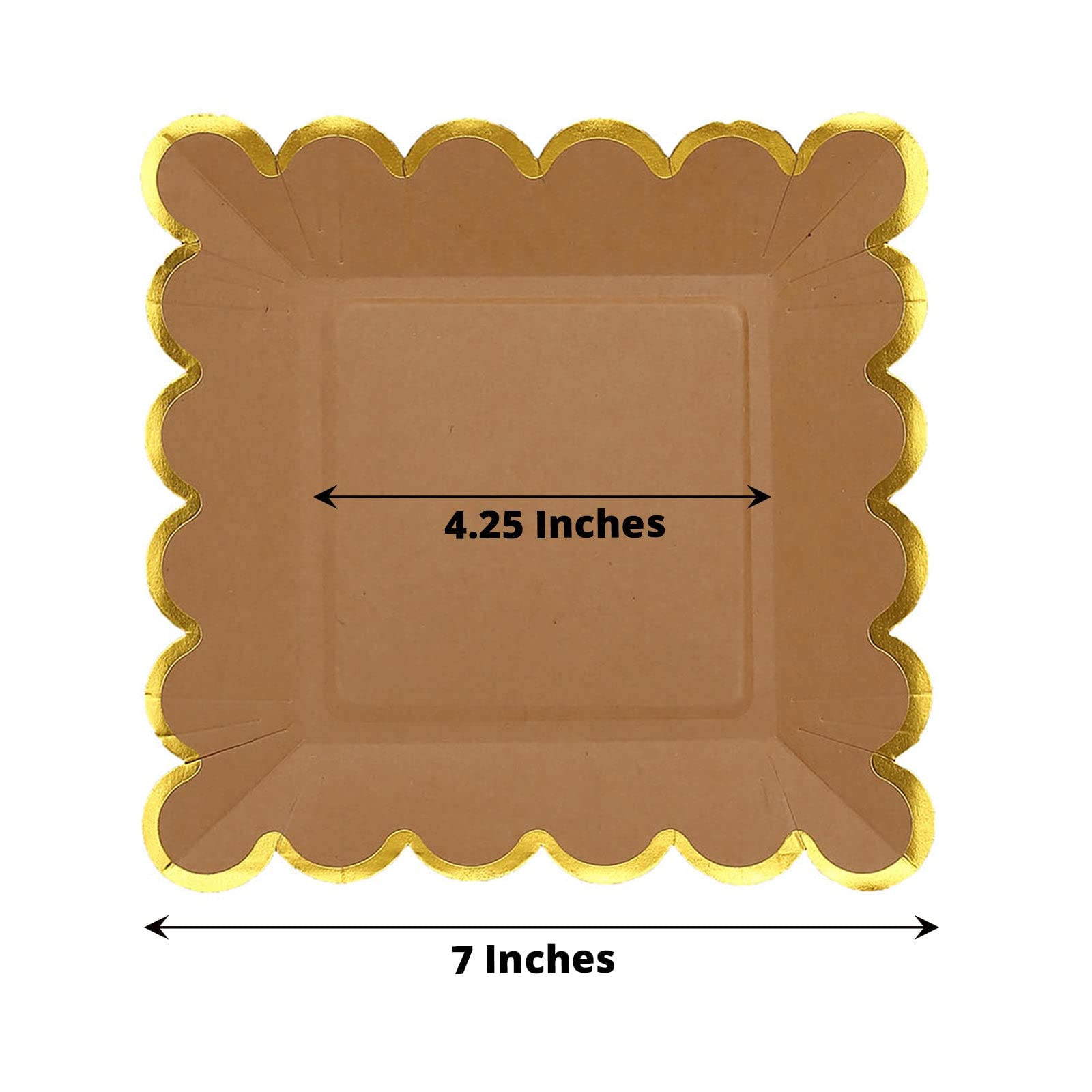 Tableclothsfactory 25 Pack | 7" Natural/Gold Scalloped Rim Square Paper Dessert Plates, Disposable Salad Appetizer Party Plates - Image 3
