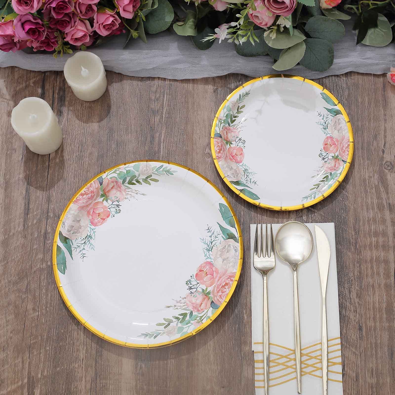Tableclothsfactory 25 Pack | 7" White Elegant Floral Design Gold Rim Paper Dessert Plates, Disposable Salad Appetizer Plates - Image 4
