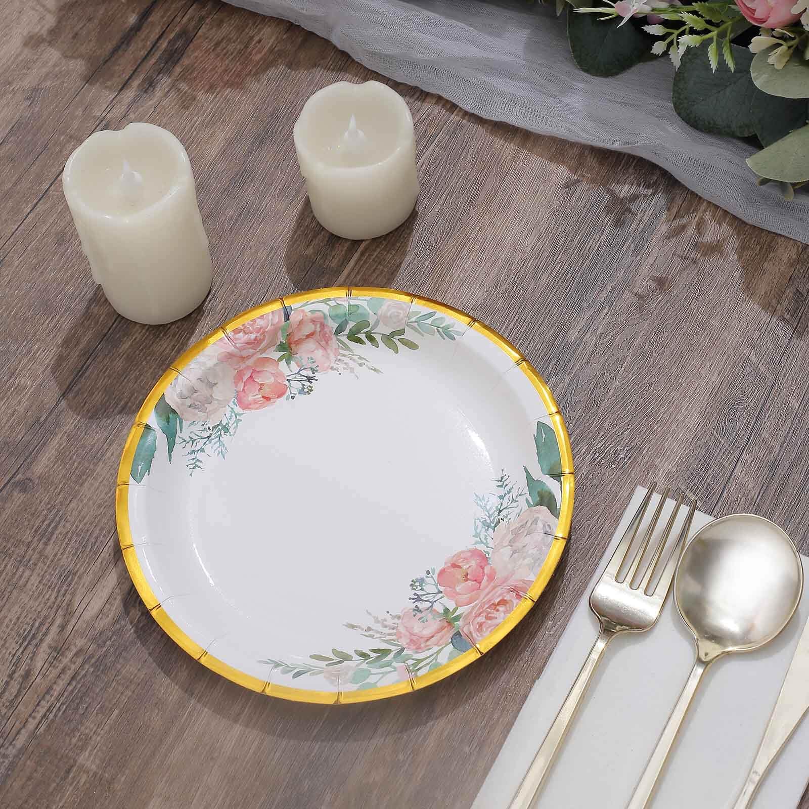 Tableclothsfactory 25 Pack | 7" White Elegant Floral Design Gold Rim Paper Dessert Plates, Disposable Salad Appetizer Plates - Image 5