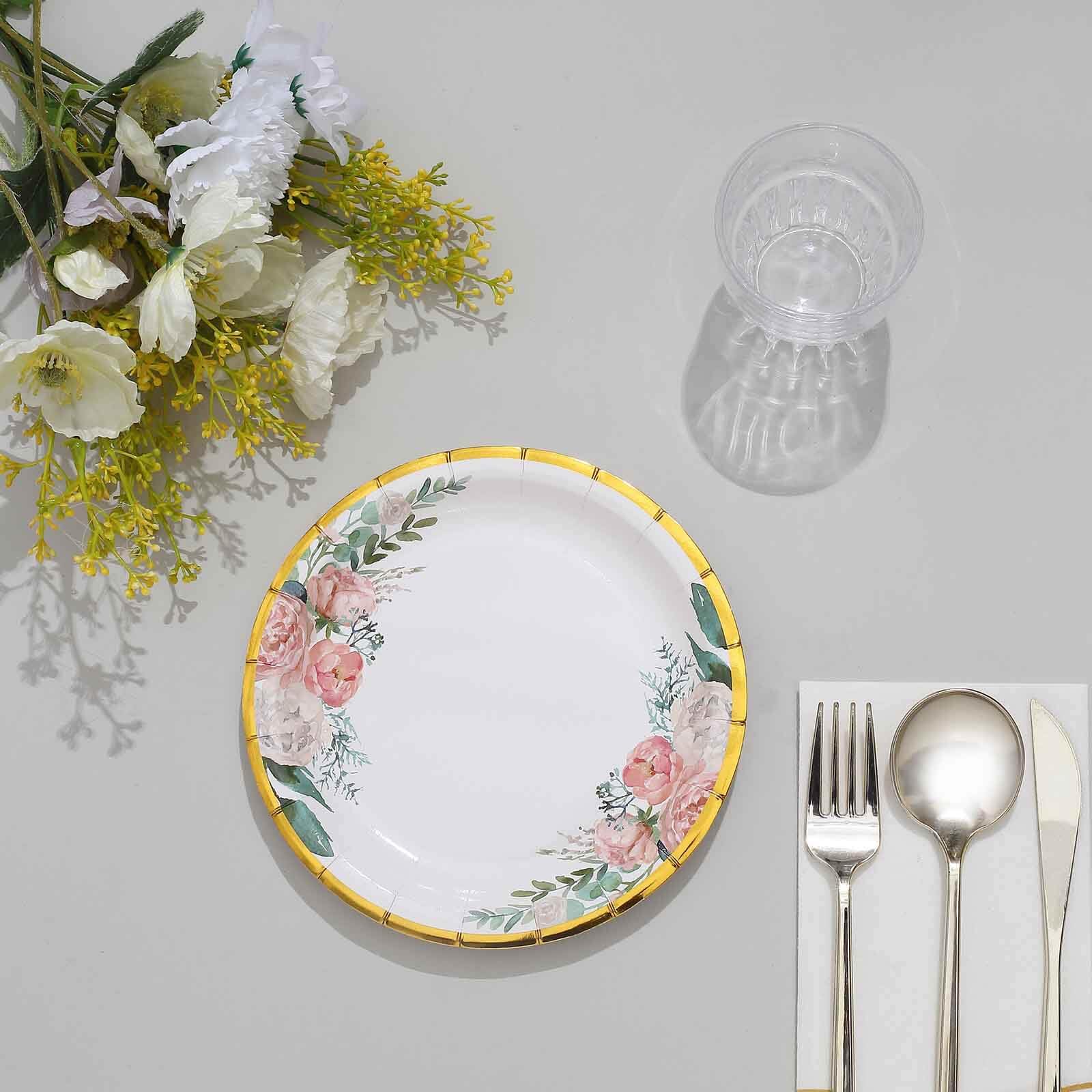 Tableclothsfactory 25 Pack | 7" White Elegant Floral Design Gold Rim Paper Dessert Plates, Disposable Salad Appetizer Plates - Image 8