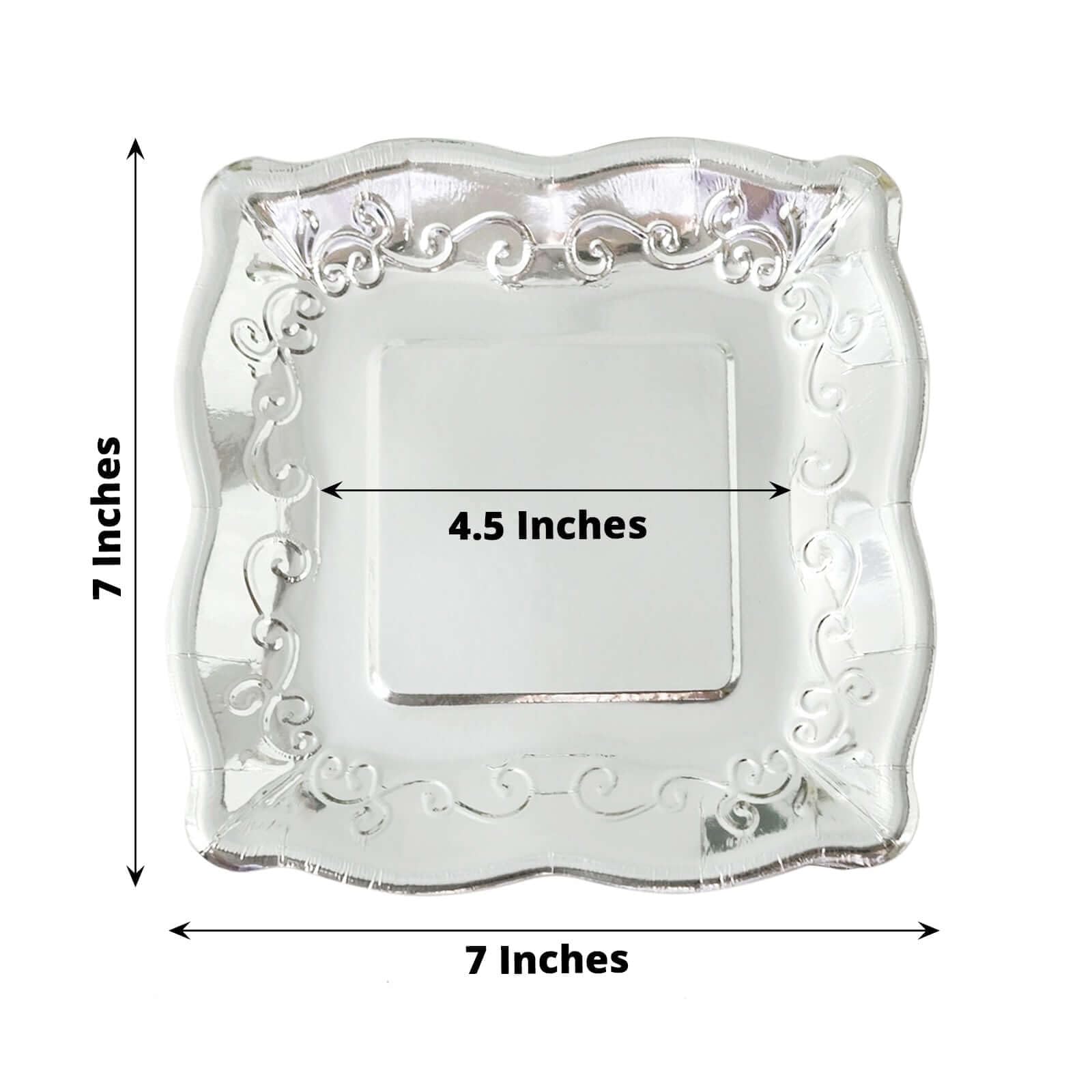 Tableclothsfactory 25 Pack | Silver 7" Square Vintage Appetizer Dessert Paper Plates, Shiny Metallic Disposable Pottery Embossed Party Plates with Scroll Design Edge - 350 GSM - Image 3