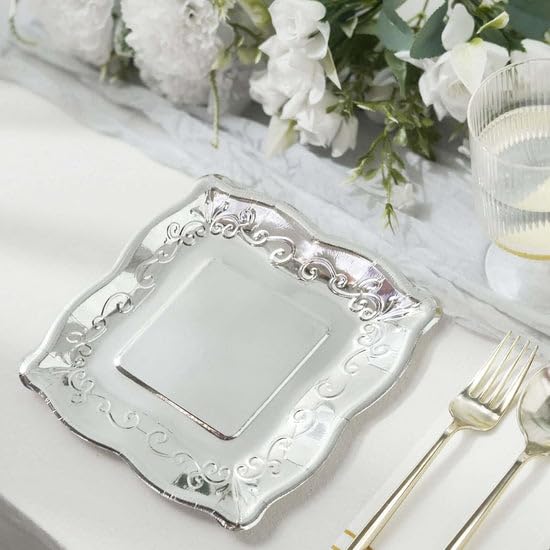 Tableclothsfactory 25 Pack | Silver 7" Square Vintage Appetizer Dessert Paper Plates, Shiny Metallic Disposable Pottery Embossed Party Plates with Scroll Design Edge - 350 GSM - Image 6