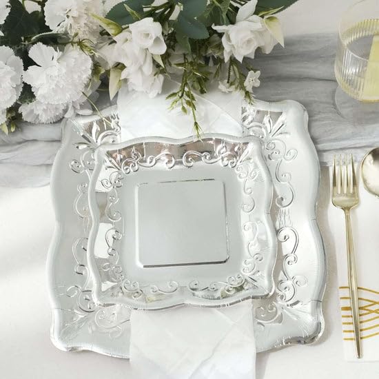 Tableclothsfactory 25 Pack | Silver 7" Square Vintage Appetizer Dessert Paper Plates, Shiny Metallic Disposable Pottery Embossed Party Plates with Scroll Design Edge - 350 GSM - Image 8