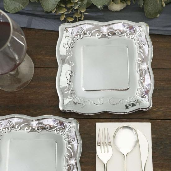 Tableclothsfactory 25 Pack | Silver 7" Square Vintage Appetizer Dessert Paper Plates, Shiny Metallic Disposable Pottery Embossed Party Plates with Scroll Design Edge - 350 GSM - Image 9