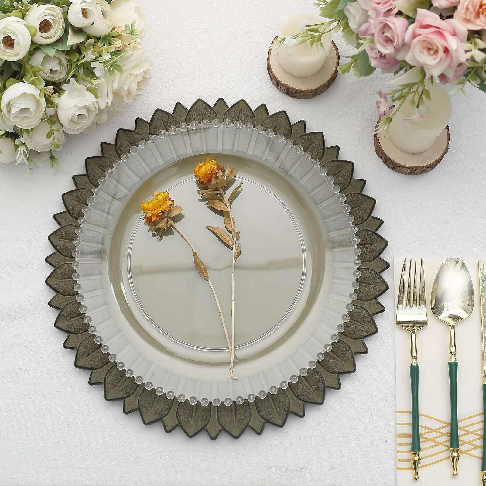 Tableclothsfactory 6 Pack | 13" Matte Olive Green Sunflower Plastic Dinner Charger Plates, Disposable Round Serving Trays - Image 6