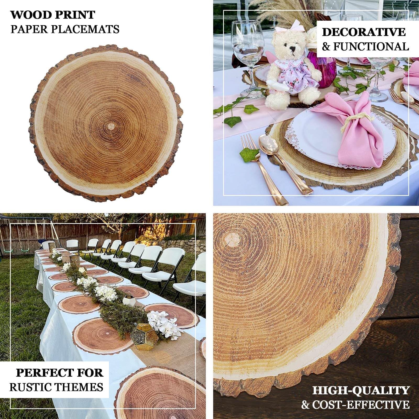 Tableclothsfactory 6 Pack | 13" Rustic Natural Wood Slice Design Disposable Serving Trays, Round Farmhouse Paper Charger Plates - Image 4