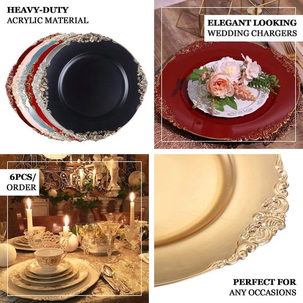 Tableclothsfactory 6 Pack Clear Gold 13" Round Baroque Charger Plates Leaf Embossed Rim for Tabletop Decor Catering Event Decoration - Image 4