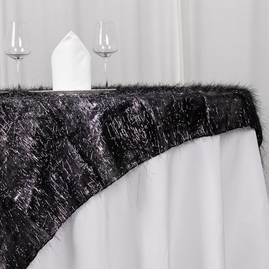 Tableclothsfactory 72" Black Metallic Fringe Shag Tinsel Square Polyester Table Overlay - Image 6