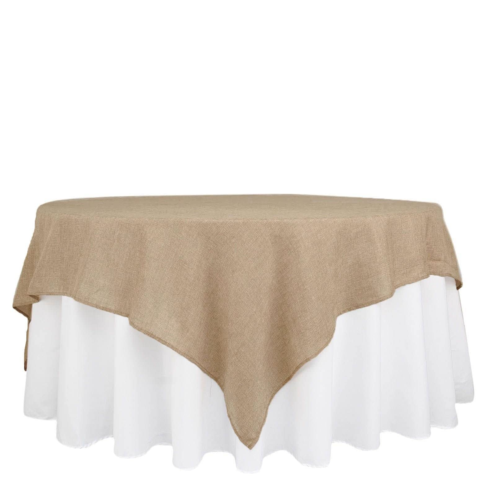 Tableclothsfactory 90" Natural Jute Faux Burlap Square Table Overlay | Boho Chic Decor - Image 3