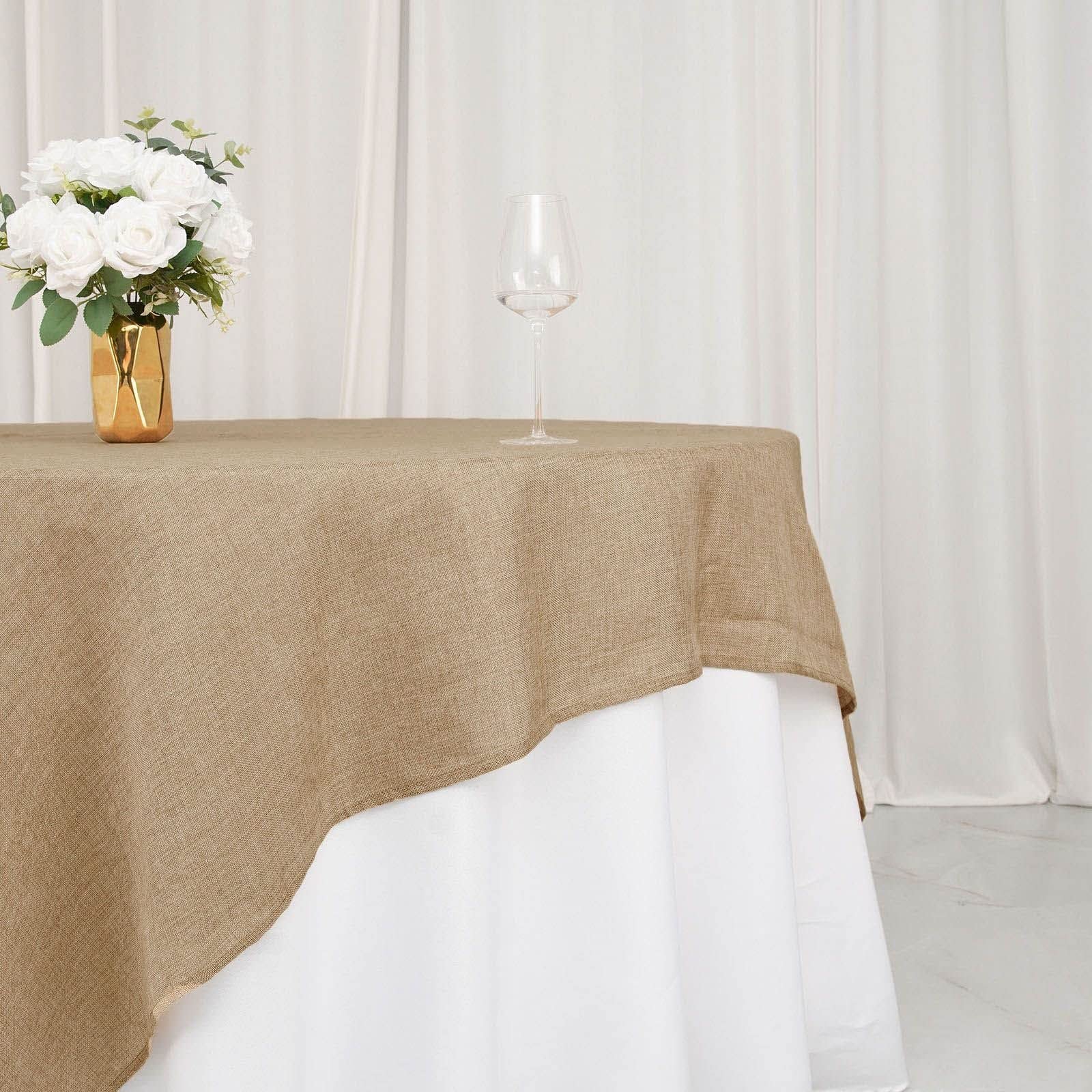 Tableclothsfactory 90" Natural Jute Faux Burlap Square Table Overlay | Boho Chic Decor - Image 4